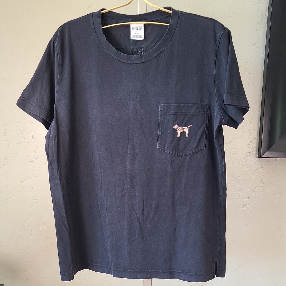 Victoria's Secret Pink Black Short Sleeve Tee Sequins Dog Medium‎